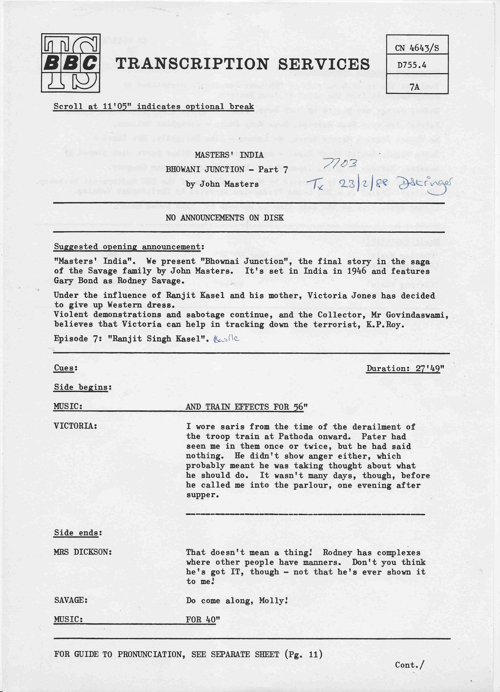 CN 4643 S 4 Masters' India Bhowani Junction - Parts 7 & 8 John Masters Inserts from CN 4643 S 4